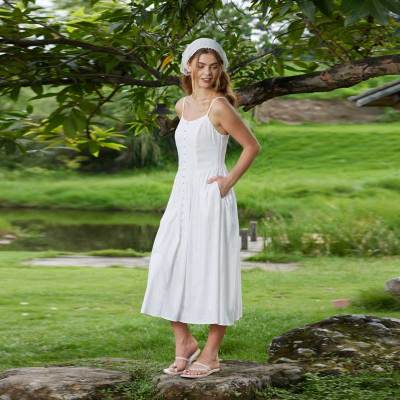 Women's White Linen Camisole Midi Dress with Button Front Detail