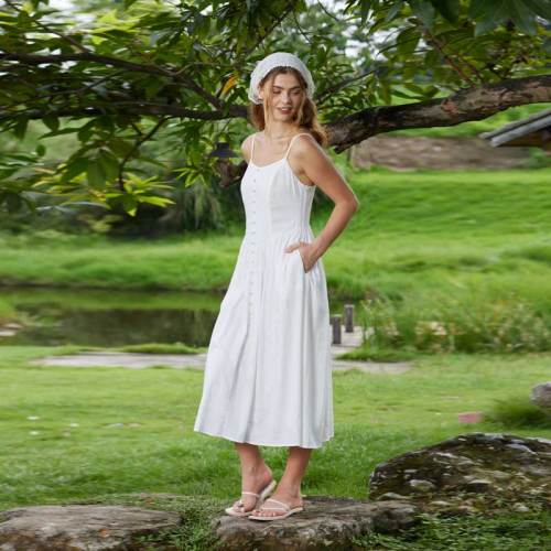 Women's White Linen Camisole Midi Dress with Button Front Detail