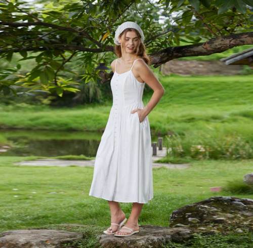 Women's White Linen Camisole Midi Dress with Button Front Detail