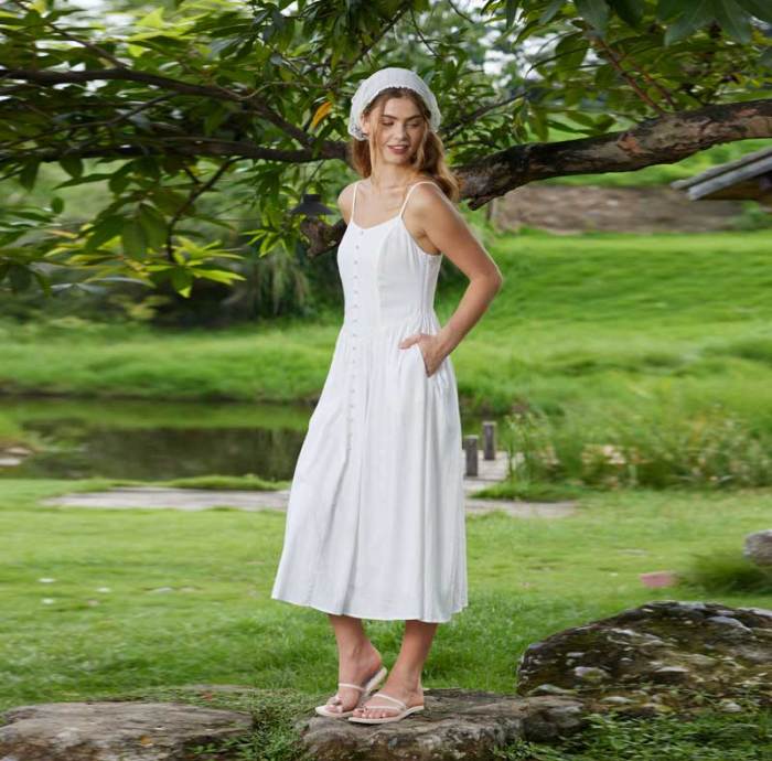 Women's White Linen Camisole Midi Dress with Button Front Detail