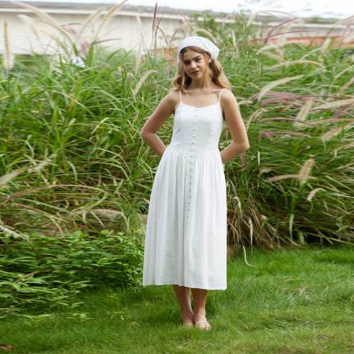 Women's White Linen Camisole Midi Dress with Button Front Detail