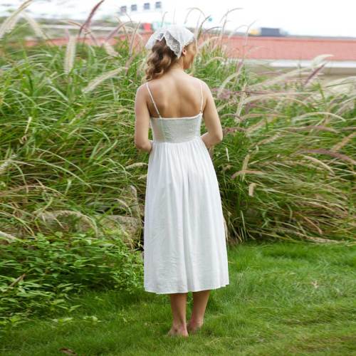 Women's White Linen Camisole Midi Dress with Button Front Detail