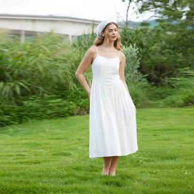 Women's White Linen Camisole Midi Dress with Button Front Detail