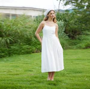 Women's White Linen Camisole Midi Dress with Button Front Detail