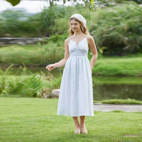 Women's Blue Stripe Linen Midi Dress with Smocked Waist Detail