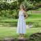 Women's Blue Stripe Linen Midi Dress with Smocked Waist Detail