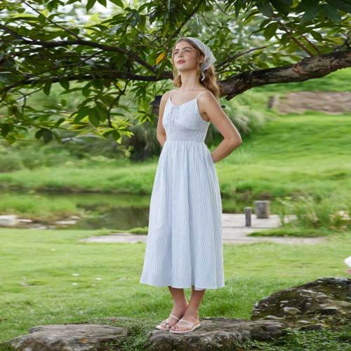 Women's Blue Stripe Linen Midi Dress with Smocked Waist Detail