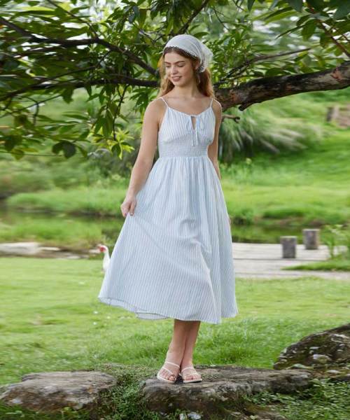 Women's Blue Stripe Linen Midi Dress with Smocked Waist Detail