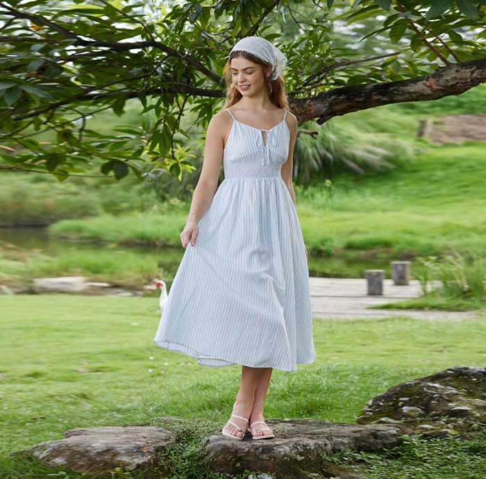 Women's Blue Stripe Linen Midi Dress with Smocked Waist Detail