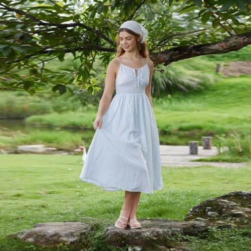 Women's Blue Stripe Linen Midi Dress with Smocked Waist Detail