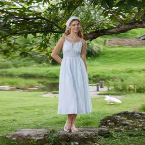 Women's Blue Stripe Linen Midi Dress with Smocked Waist Detail