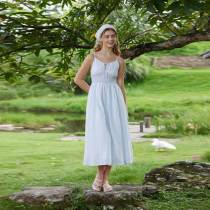 Women's Blue Stripe Linen Midi Dress with Smocked Waist Detail