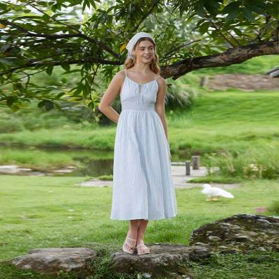 Women's Blue Stripe Linen Midi Dress with Smocked Waist Detail