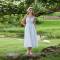 Women's Blue Stripe Linen Midi Dress with Smocked Waist Detail