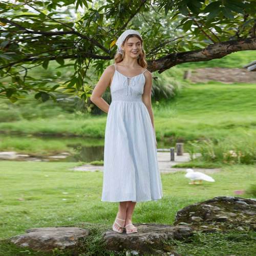 Women's Blue Stripe Linen Midi Dress with Smocked Waist Detail