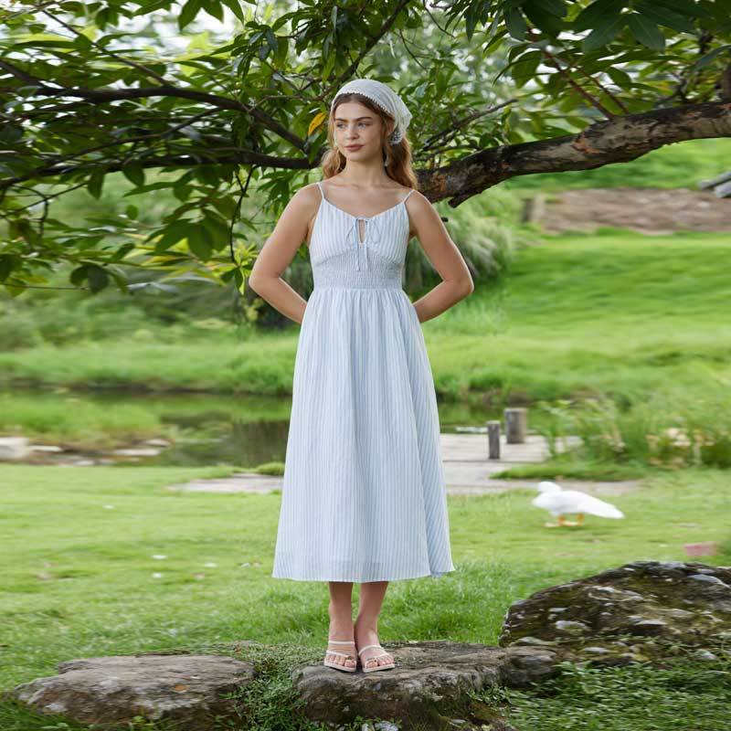 Women's Blue Stripe Linen Midi Dress with Smocked Waist Detail
