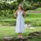 Women's Blue Stripe Linen Midi Dress with Smocked Waist Detail