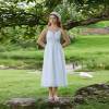 Women's Blue Stripe Linen Midi Dress with Smocked Waist Detail