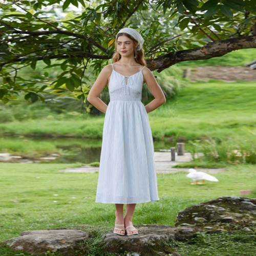 Women's Blue Stripe Linen Midi Dress with Smocked Waist Detail