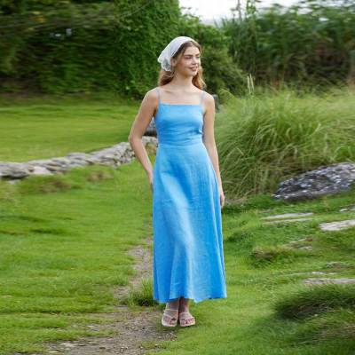 Women's Blue Linen Slip Dress | Minimalist Square Neck Maxi Dress