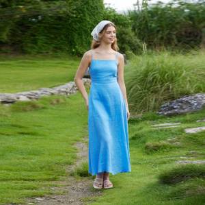 Women's Blue Linen Slip Dress | Minimalist Square Neck Maxi Dress
