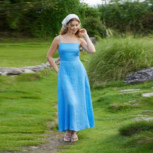 Women's Blue Linen Slip Dress | Minimalist Square Neck Maxi Dress