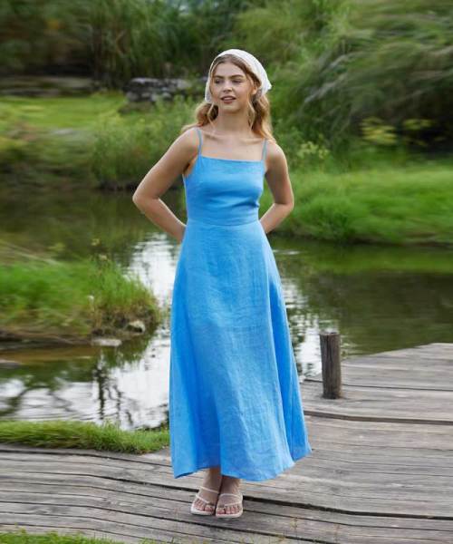 Women's Blue Linen Slip Dress | Minimalist Square Neck Maxi Dress