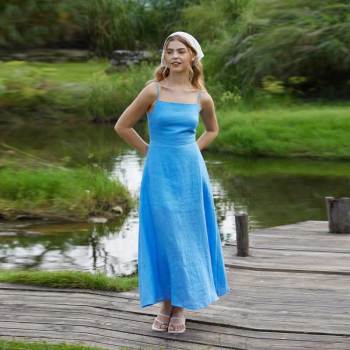 Women's Blue Linen Slip Dress | Minimalist Square Neck Maxi Dress