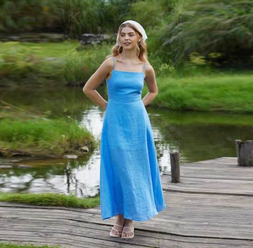 Women's Blue Linen Slip Dress | Minimalist Square Neck Maxi Dress