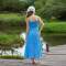 Women's Blue Linen Slip Dress | Minimalist Square Neck Maxi Dress