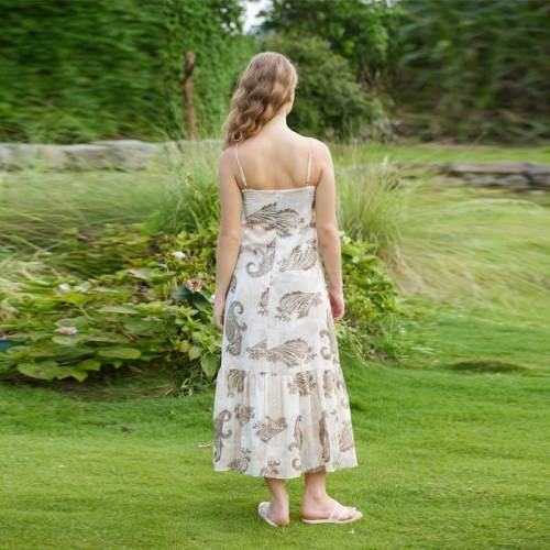 Women's Paisley Linen Maxi Dress | Bohemian Print Spaghetti Strap Summer Dress