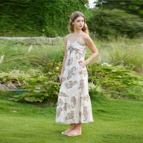Women's Paisley Linen Maxi Dress | Bohemian Print Spaghetti Strap Summer Dress