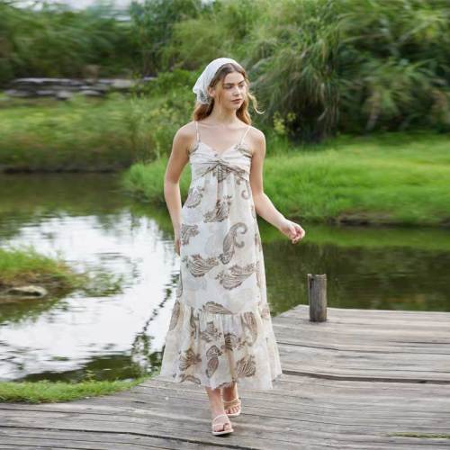 Women's Paisley Linen Maxi Dress | Bohemian Print Spaghetti Strap Summer Dress