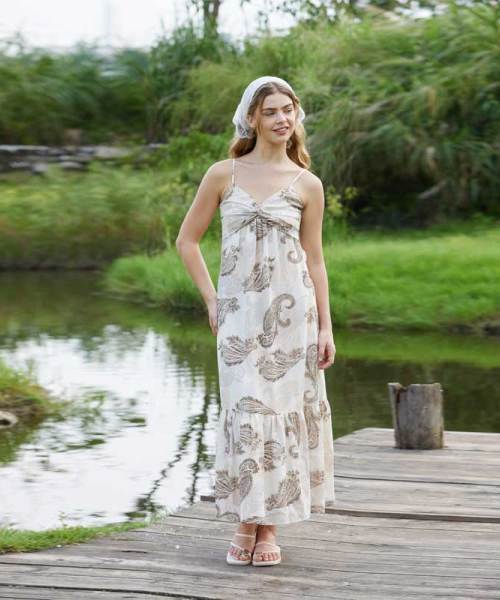Women's Paisley Linen Maxi Dress | Bohemian Print Spaghetti Strap Summer Dress