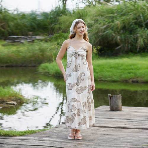 Women's Paisley Linen Maxi Dress | Bohemian Print Spaghetti Strap Summer Dress