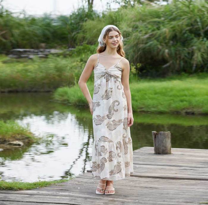 Women's Paisley Linen Maxi Dress | Bohemian Print Spaghetti Strap Summer Dress