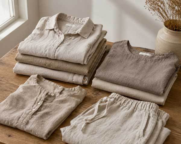 A neatly folded pile of natural linen clothing in neutral earth tones on a wooden surface, soft daylight from a window, minimalist flat lay photography style