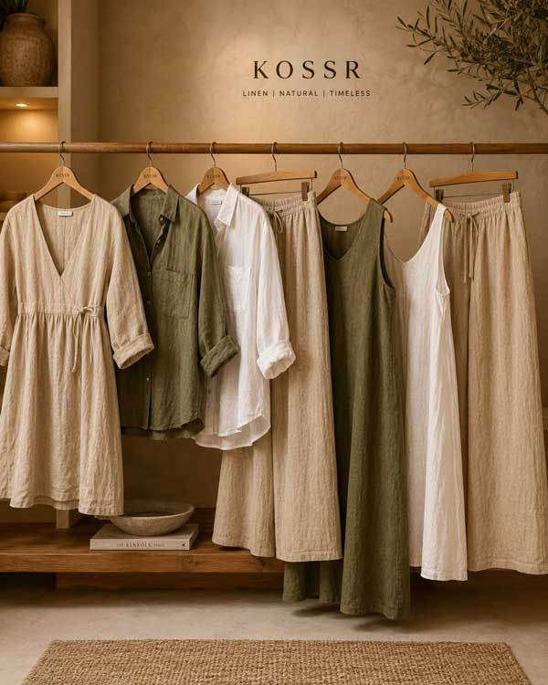 Collection of KOSSR linen garments on wooden hangers including a dress, shirt, and wide-leg pants in neutral tones beige olive and white, boutique-style display with warm ambient lighting