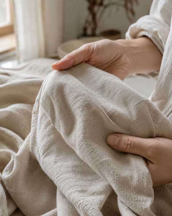 Person touching and feeling a soft pre-washed linen fabric with natural hand gesture, soft window lighting, lifestyle fabric detail shot showing texture and softness