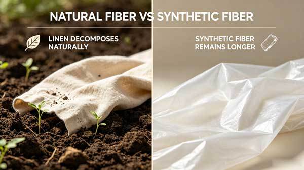 Split comparison scene showing linen fabric decomposing naturally in soil on one side and synthetic fabric remaining intact on the other, educational infographic style, soft natural lighting