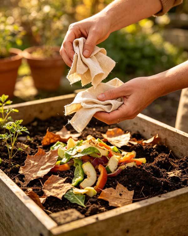 Hands adding cut linen fabric scraps into a home composting bin with vegetable peels and leaves, outdoor garden setting, warm natural lighting, sustainable lifestyle photography