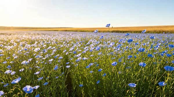 A flax field in bloom with tall blue-flowered flax plants stretching toward the horizon under a clear sky, agricultural landscape, natural lighting, warm summer tones, documentary style photography