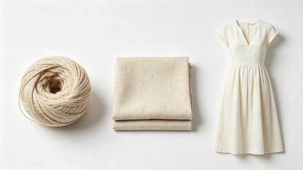 A side-by-side comparison of raw flax fibers, finished linen fabric, and a linen dress made from that fabric, studio lighting, clean white background, three items arranged in sequence, product photography style