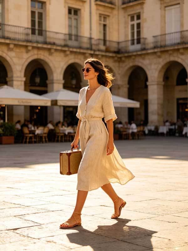 A stylish woman wearing a beige linen midi dress and sandals, walking through a sunlit European plaza with a small suitcase, vacation travel lifestyle, warm golden hour lighting, candid street photography style