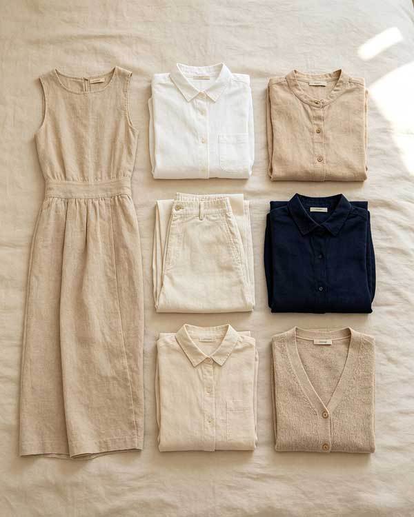 A travel capsule wardrobe laid flat on a bed showing neatly folded linen pieces in neutral colors - beige, white, navy - including a dress, pants, shirt, and cardigan, flat lay photography, soft natural lighting, minimalist aesthetic