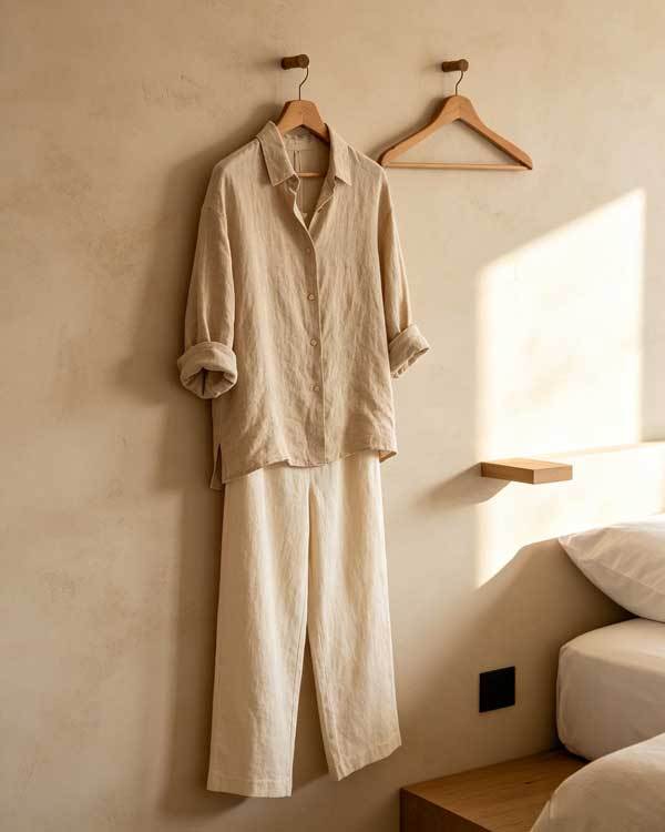 A linen travel outfit on a hanger against a textured wall - a relaxed beige linen shirt with rolled sleeves and cream wide-leg linen pants, boutique hotel room setting, soft warm lighting, clean minimal aesthetic