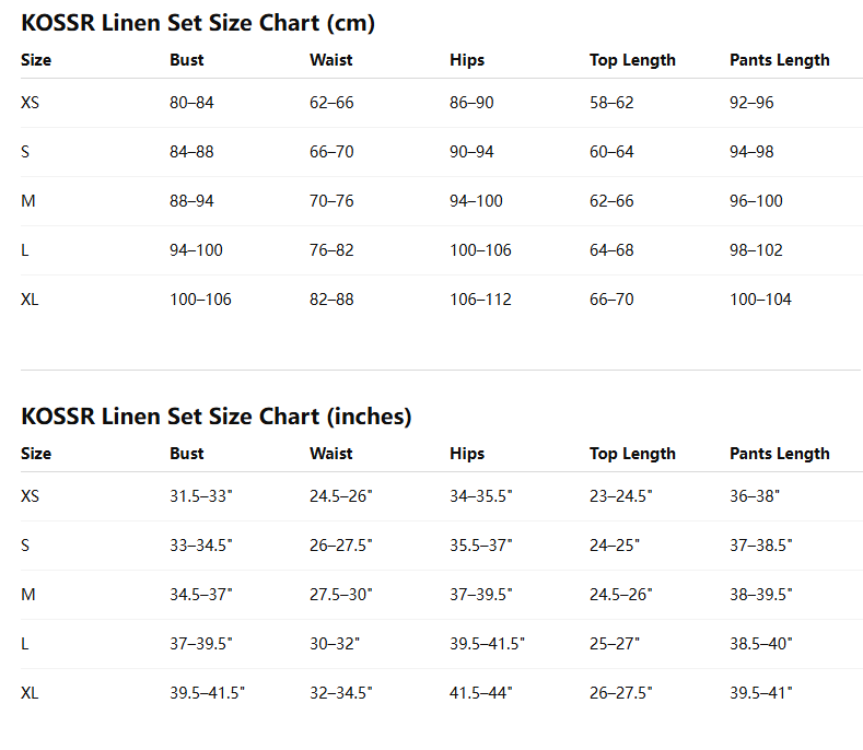 Linen Set Size Guide