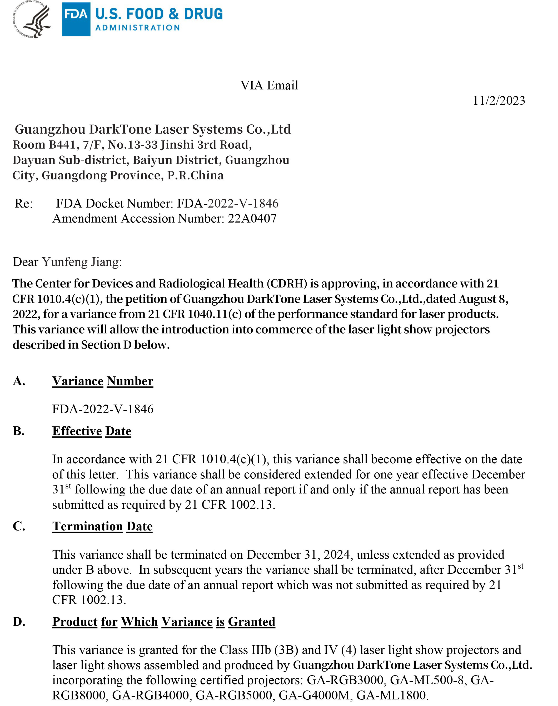 FDA Variance certification