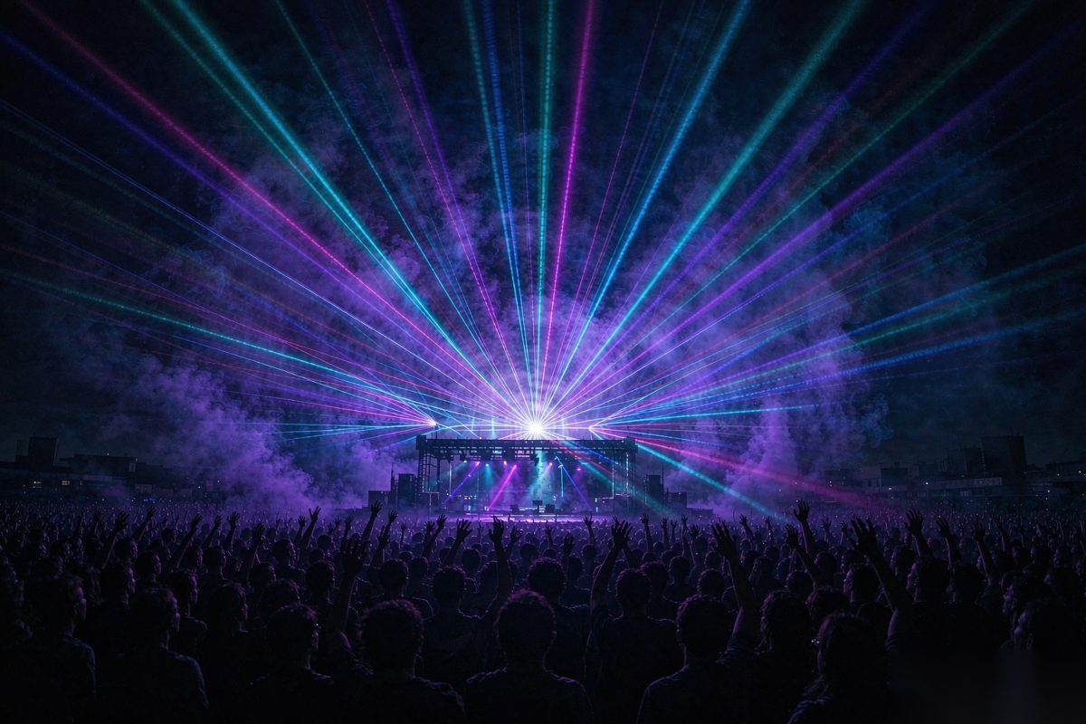 Dozens of thin laser beams fanning out in a multi-beam aerial effect, made visible by dense theatrical haze over a nightclub crowd
