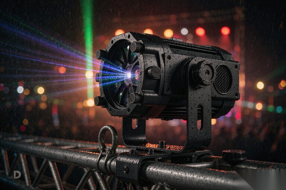 Close-up of a rugged IP65-rated outdoor laser light fixture on truss, emitting RGB beams with rain droplets on its sealed housing